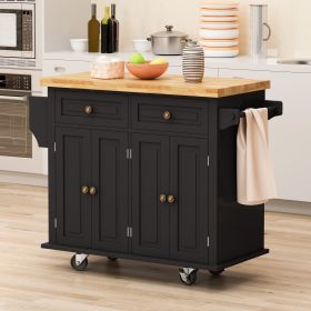 Kitchen Island Cart with Two Storage Cabinets and Two Locking Wheels, 43.31 Inch Width, 4 Door Cabinet and Two Drawers, Spice Rack, Towel Rack (Black)